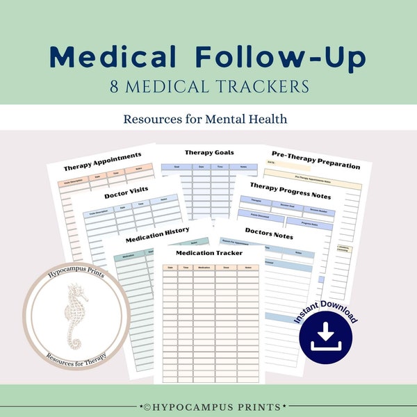 Medical Tracking Sheets, 8 Pages to record your therapeutic appointments, Medication tracking, Doctor's notes and more!