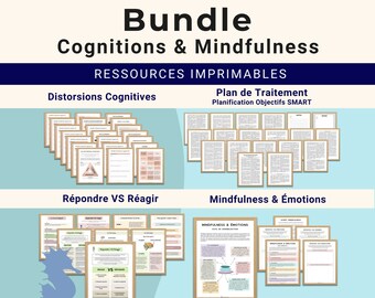 Mini Bundle Ressources Thérapeutiques Distorsions Cognitives Plan de Traitement Objectifs SMART Mindfulness & Émotions Répondre VS Réagir