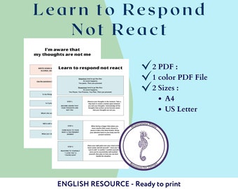 Apprendre à répondre pas à réagir, Feuille de Travail, Feuilles de travail thérapeutiques, Anxiété, Auto régulation , Harcèlement, TCC