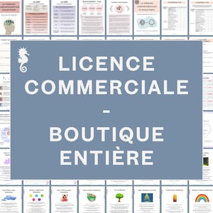 May include: A collection of printed documents with various titles, including "LICENCE COMMERCIALE - BOUTIQUE ENTI&Egrave;RE" in large white text on a blue background. Other documents feature text and graphics, with a seahorse graphic on the left.