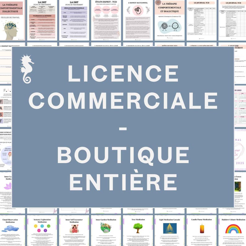 May include: A collection of printed documents with various titles, including "LICENCE COMMERCIALE - BOUTIQUE ENTI&Egrave;RE" in large white text on a blue background. Other documents feature text and graphics, with a seahorse graphic on the left.