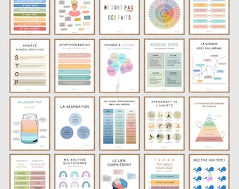 Lot of 20 Posters Decor Therapy Office Therapeutic Tool Psychologist Mental Health in French Anxiety Calm Corner CBT DBT ACT