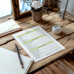 May include: A medical form with green highlighted sections and text, along with a black pen, rests on a wooden desk. A white candle holder and a small potted plant with a white flower are also on the desk.
