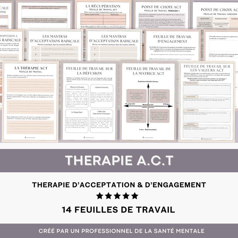 K&ouml;nnte beinhalten: Ein Satz von 14 druckbaren Arbeitsbl&auml;ttern f&uuml;r Akzeptanz- und Commitment-Therapie (ACT). Die Arbeitsbl&auml;tter sind auf Franz&ouml;sisch und tragen Titel wie "La Th&eacute;rapie ACT", "La Matrice ACT" und "Les Valeurs ACT".