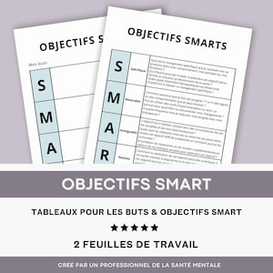 Peut inclure: Une feuille de travail imprimable avec l'acronyme SMART, qui signifie Spécifique, Mesurable, Atteignable, Réaliste et Temporel. La feuille de travail est conçue pour aider les gens à fixer des objectifs et des buts.