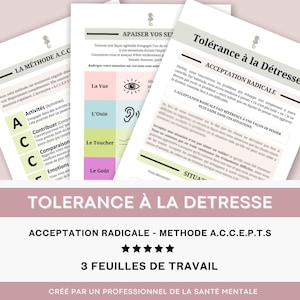 Peut inclure: Une feuille de travail imprimable avec le titre "Tolérance à la détresse : Acceptation radicale - Méthode A.C.C.E.P.T.S" et un graphique d'un hippocampe. La feuille de travail est divisée en trois sections : "Tolérance à la détresse", "Acceptation radicale" et "3 feuilles de travail".