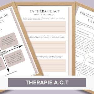 K&ouml;nnte beinhalten: Ein druckbares Arbeitsblatt f&uuml;r die ACT-Therapie, eine Art von Therapie, die sich auf Akzeptanz und Commitment konzentriert. Das Arbeitsblatt tr&auml;gt den Titel "La Th&eacute;rapie ACT" und enth&auml;lt Abschnitte zur Identifizierung und Erforschung von Gedanken, Emotionen und Verhaltensweisen. Das Arbeitsblatt enth&auml;lt auch einen Abschnitt zur Erforschung von Strategien zum Umgang mit schwierigen Emotionen.