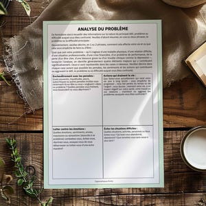 Peut inclure: Une feuille de travail imprimée intitulée "ANALYSE DU PROBLÈME", en français, avec des sections pour l'analyse des problèmes, les pensées, les actions, les émotions et les situations difficiles. Sur une surface en bois.