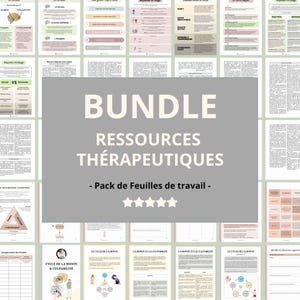 Pode incluir: Um pacote de recursos terapêuticos para a saúde mental, incluindo folhas de trabalho e guias. O título diz "Bundle Ressources Thérapeutiques - Pack de Feuilles de travail -" com cinco estrelas abaixo. A imagem inclui várias folhas de trabalho com títulos como "Cycle de la Honte & Culpabilité" e "La Honte et la Culpabilité".