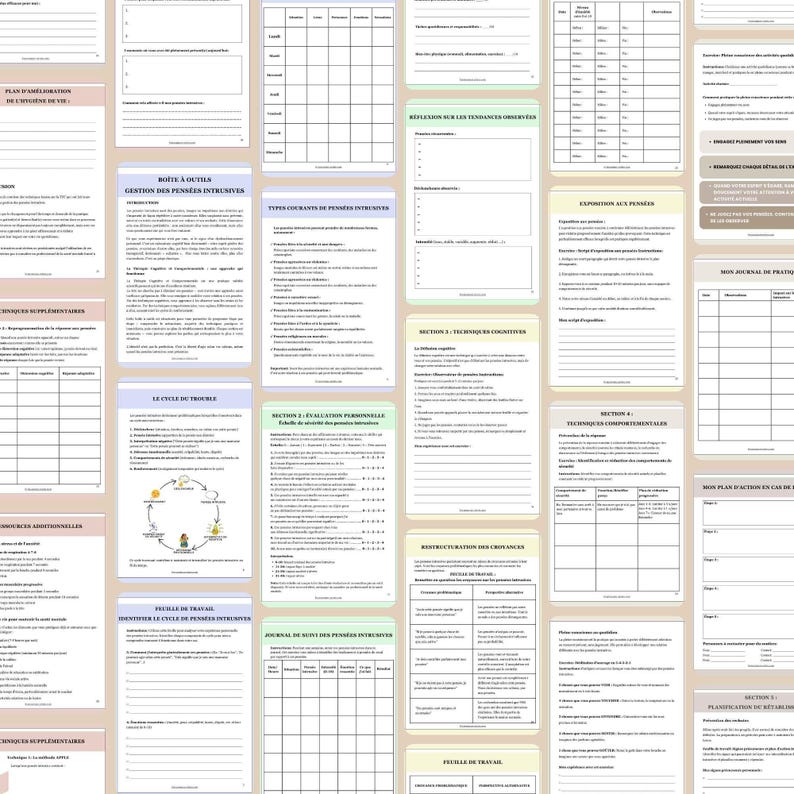 May include: A collection of white paper documents with black text, organized in a grid layout. The documents feature titles and sections such as "Toolbox", "Cognitive Techniques", and "Worksheet". The pages have a clean, professional design, suitable for educational or informational purposes.
