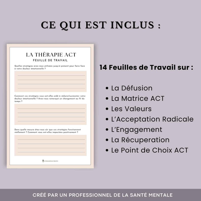 K&ouml;nnte beinhalten: Ein druckbares Arbeitsblatt mit dem Titel "La Th&eacute;rapie ACT" und dem Text "Feuille de Travail" in einem hellbraunen Kasten. Das Arbeitsblatt enth&auml;lt drei Fragen zu emotionalem Schmerz und Strategien zum Umgang damit. Das Bild enth&auml;lt auch eine Liste von 14 Arbeitsbl&auml;ttern zur ACT-Therapie, darunter "La D&eacute;fusion", "La Matrice ACT", "Les Valeurs", "L'Acceptation Radicale", "L'Engagement", "La R&eacute;cuperation" und "Le Point de Choix ACT". Der Text "CR&Eacute;&Eacute; PAR UN PROFESSIONNEL DE LA SANT&Eacute; MENTALE" befindet sich am unteren Rand des Bildes.