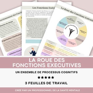 Peut inclure: Une infographie colorée intitulée "La Roue des Fonctions Execuitives" avec un diagramme en roue montrant les différentes fonctions exécutives, notamment la gestion du temps, la mémoire, la planification et le contrôle des impulsions. Le texte "Un ensemble de processus cognitifs" et "3 feuilles de travail" est également inclus. L'infographie est créée par un professionnel de la santé mentale.