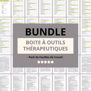 Peut inclure: Un lot de feuilles de travail imprimables pour des activités thérapeutiques. Le titre est "BOITE À OUTILS THÉRAPEUTIQUES - Pack de Feuilles de travail -" avec cinq étoiles en dessous.