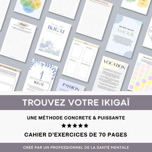 Peut inclure: Un cahier d'exercices intitulé "Trouvez Votre Ikigai" avec un motif floral bleu et blanc sur la couverture. Le cahier est un guide pour trouver votre raison d'être et comprend 70 pages d'exercices. Le texte sur la couverture indique "Une méthode concrète & puissante" et "Créé par un professionnel de la santé mentale".