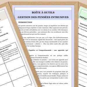 May include: A document titled "Bo&icirc;te &agrave; Outils" in French, with the English translation "Toolbox." The document discusses the management of intrusive thoughts. The text is in black font on a white background, with a brown border.