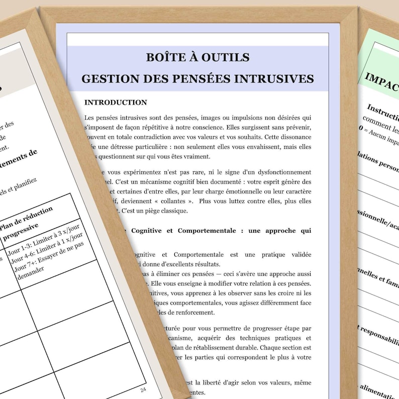 May include: A document titled "Bo&icirc;te &agrave; Outils" in French, with the English translation "Toolbox." The document discusses the management of intrusive thoughts. The text is in black font on a white background, with a brown border.