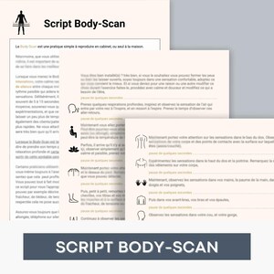May include: A black and white illustration of a body scan script with the title "Script Body-Scan". The script is written in French and includes instructions for a body scan meditation.