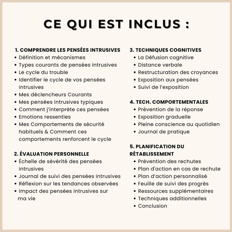 May include: A beige graphic with the text "CE QUI EST INCLUS" at the top. The image lists topics including intrusive thoughts, cognitive techniques, and planning for recovery. The text is in black and organized into numbered sections.