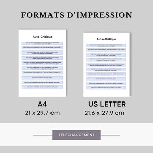 May include: A document with the title "Formats d'Impression" showing two different paper sizes: A4 (21 x 29.7 cm) and US Letter (21.6 x 27.9 cm). The document contains a section titled "Auto-Critique" with a list of questions.