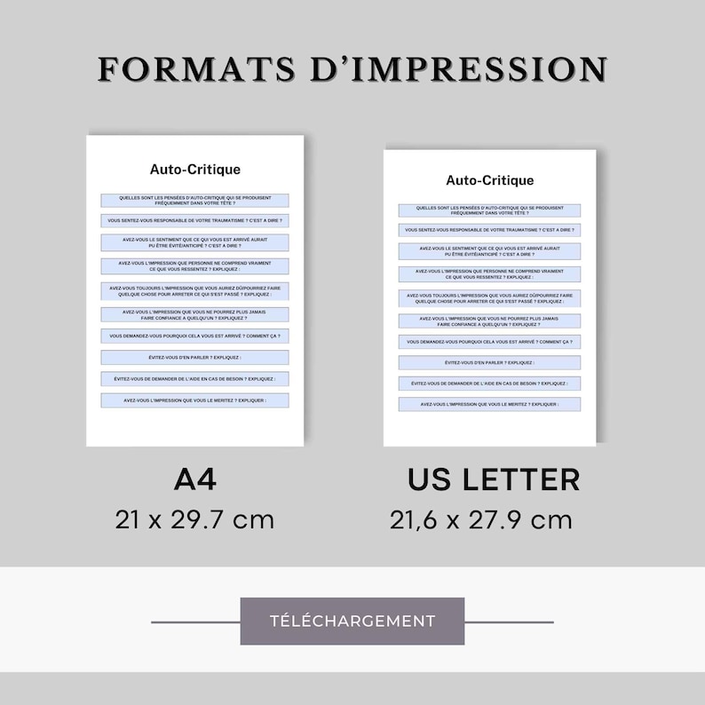 May include: A document with the title "Formats d'Impression" showing two different paper sizes: A4 (21 x 29.7 cm) and US Letter (21.6 x 27.9 cm). The document contains a section titled "Auto-Critique" with a list of questions.