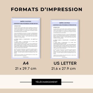 May include: Two documents titled "BO&Icirc;TE &Agrave; OUTILS GESTION DES PENS&Eacute;ES INTRUSIVES" are displayed, one in A4 format (21 x 29.7 cm) and the other in US Letter format (21.6 x 27.9 cm). The documents are on a light brown background. The word "T&Eacute;L&Eacute;CHARGEMENT" is at the bottom.