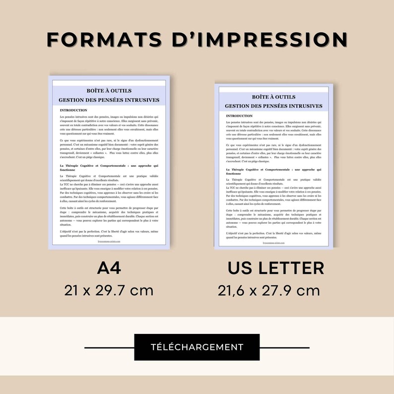 May include: Two documents titled "BO&Icirc;TE &Agrave; OUTILS GESTION DES PENS&Eacute;ES INTRUSIVES" are displayed, one in A4 format (21 x 29.7 cm) and the other in US Letter format (21.6 x 27.9 cm). The documents are on a light brown background. The word "T&Eacute;L&Eacute;CHARGEMENT" is at the bottom.
