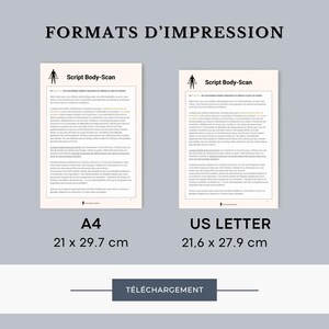 May include: Two pages of a document titled "Script Body-Scan" showing the different sizes available for printing: A4 (21 x 29.7 cm) and US Letter (21.6 x 27.9 cm).