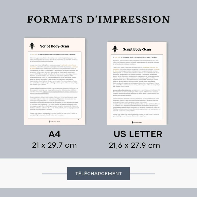 May include: Two pages of a document titled "Script Body-Scan" showing the different sizes available for printing: A4 (21 x 29.7 cm) and US Letter (21.6 x 27.9 cm).