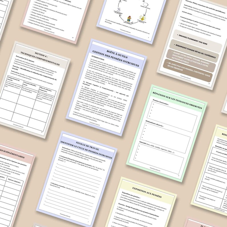 May include: A collection of printed worksheets with text and diagrams. The worksheets are in various colors, including pink, blue, and yellow. Titles include "SECTION 4 TECHNIQUES COMPORTEMENTALES" and "BO&Icirc;TE &Agrave; OUTILS GESTION DES PENS&Eacute;ES INTRUSIVES."