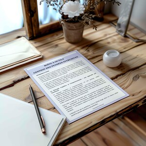 May include: A desk scene with a document titled "BOITE &Agrave; OUTILS GESTION DES PENS&Eacute;ES INTRUSIVES" and a pen. A white candle and a small potted plant with a white flower are also on the wooden surface.