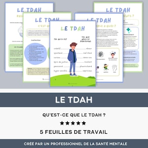 以下が含まれることがあります： フランス語で書かれたADHDに関する5枚の印刷可能なワークシート。ワークシートには、カラフルなイラストと「Le TDAH」と「Qu'est-ce que le TDAH?」というテキストが記載されています。ワークシートは、ADHDを理解するのに役立つように設計されています。