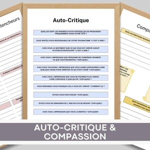 May include: A printable worksheet with a white background and black text. The worksheet is titled "Auto-Critique & Compassion" and includes questions to help users reflect on their self-criticism and compassion.