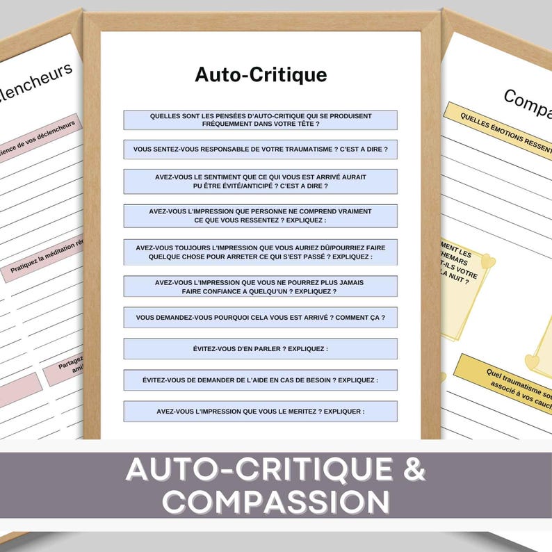 May include: A printable worksheet with a white background and black text. The worksheet is titled "Auto-Critique & Compassion" and includes questions to help users reflect on their self-criticism and compassion.