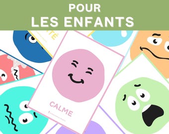 May include: A set of colorful cards featuring different facial expressions, each with a corresponding emotion word in French. The cards are designed to help children learn about and express their emotions. The words on the cards include "Calme", "Fâché", "Triste", and "Joyeux".