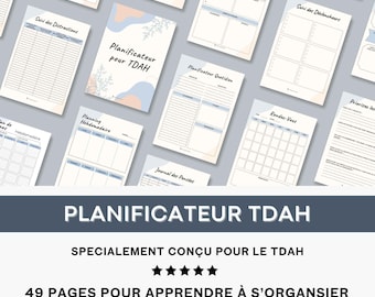 May include: A printable planner designed for people with ADHD. The planner has a blue and pink floral design and includes pages for daily, weekly, and monthly planning. The text on the cover reads "Planificateur pour TDAH".