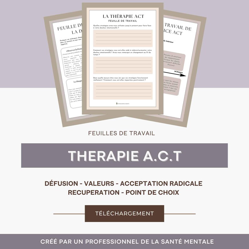 K&ouml;nnte beinhalten: Ein digitaler Download von druckbaren Arbeitsbl&auml;ttern f&uuml;r Akzeptanz- und Commitment-Therapie (ACT). Die Arbeitsbl&auml;tter sind mit "La Therapie ACT" und "Feuille de Travail" betitelt. Der Text "Defusion - Values - Acceptance Radicale Recuperation - Point de Choix" ist ebenfalls enthalten. Der Hintergrund ist hellgrau.