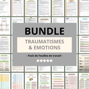 Peut inclure: Un lot de feuilles de travail imprimables sur les traumatismes et les émotions. Le titre "BUNDLE TRAUMATISMES & EMOTIONS - Pack de Feuilles de travail -" est affiché en blanc sur un fond gris. Cinq étoiles sont affichées sous le titre.