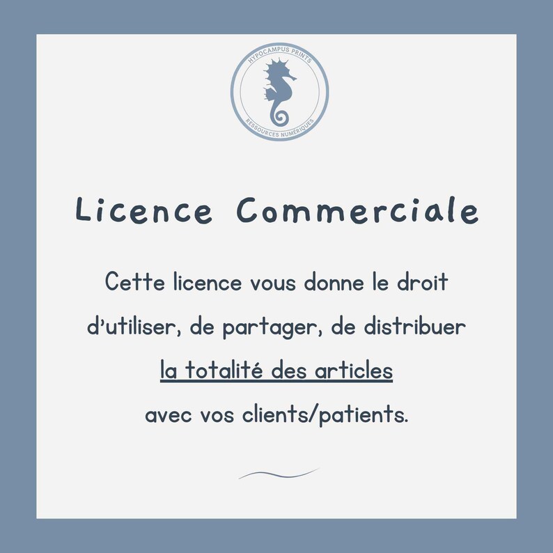 May include: A blue and white graphic with the text "Licence Commerciale" and additional French text. The image includes a circular logo with a seahorse and the words "HYPOCAMPUS PRINTS" and "RESSOURCES NUMERIQUES".