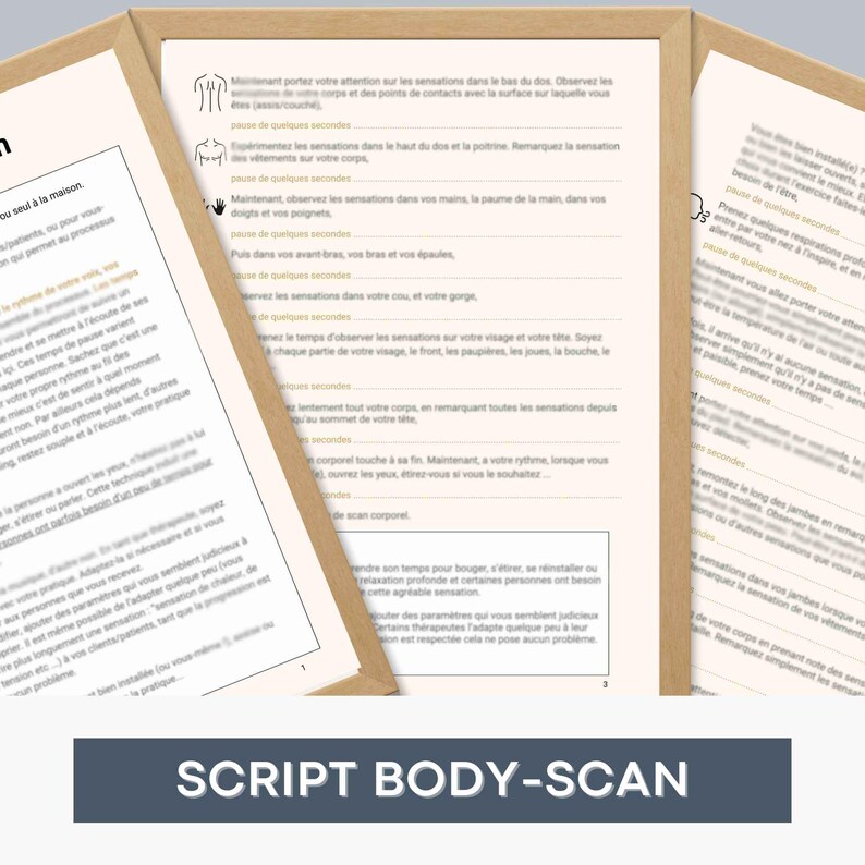 May include: A close-up of a printed page with a script for a body scan meditation. The script is written in French and includes instructions for focusing on different parts of the body, such as the toes, feet, legs, and torso.