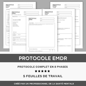 May include: A black and white printable worksheet for EMDR therapy. The worksheet is titled "Protocole EMDR" and is divided into sections for different phases of the therapy. The worksheet is designed to be used by a therapist or counselor to guide a client through the EMDR process.