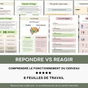 Peut inclure: Ensemble de feuilles de travail éducatives avec les titres « Répondre vs Réagir » et « Comprendre le fonctionnement du cerveau ». Les feuilles de travail comprennent des diagrammes, du texte et le texte « 8 feuilles de travail ».