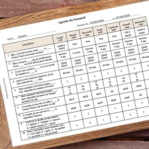 Op de afbeelding: Een gedrukt slaapdagboek met een wekelijks schema, met kolommen voor elke dag en rijen voor slaapgerelateerde details, zoals medicatie en ontwaaktijden. De tekst is in het Frans.