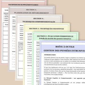 May include: A stack of printed worksheets with titles in French, including "Gestion des Pens&eacute;es Intrusives" and sections on cognitive and behavioral techniques. The pages are in various colors.
