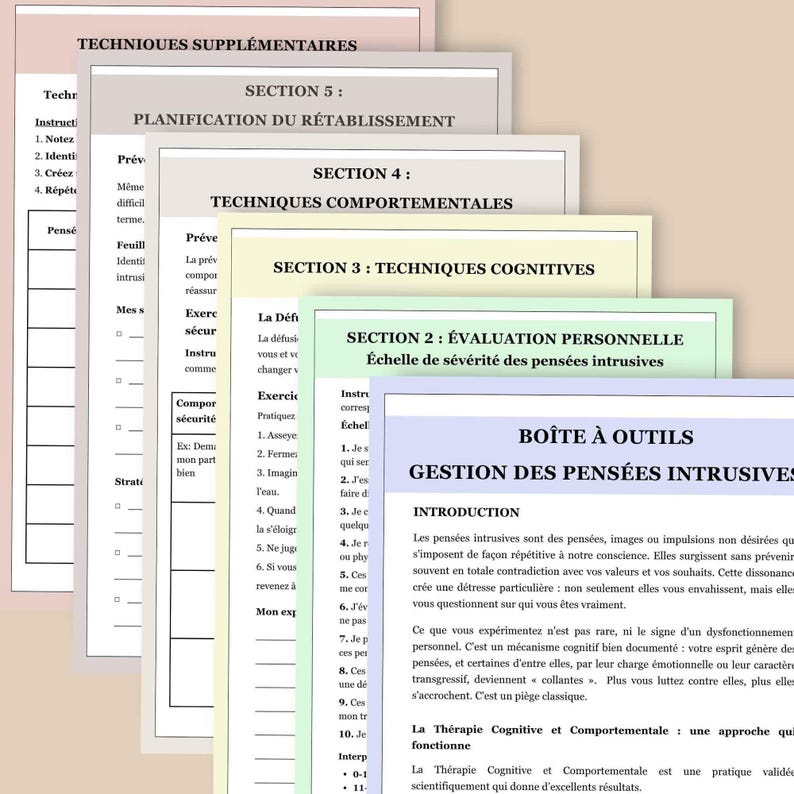 May include: A stack of printed worksheets with titles in French, including "Gestion des Pens&eacute;es Intrusives" and sections on cognitive and behavioral techniques. The pages are in various colors.