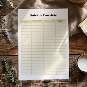 Puede incluir: Una hoja de papel blanca con el título "Suivi de l'anxiété" impreso en negro. El papel tiene una cuadrícula con columnas para la fecha, la hora, los desencadenantes, los resultados de la situación y la evaluación de la ansiedad. Sobre una superficie de madera.