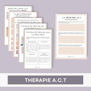 K&ouml;nnte beinhalten: Ein Satz Arbeitsbl&auml;tter f&uuml;r Akzeptanz- und Commitment-Therapie (ACT) auf Franz&ouml;sisch. Die Arbeitsbl&auml;tter sind betitelt mit "Point de Choix Act", "La R&eacute;cup&eacute;ration", "D&eacute;clarations d'Adaptation &agrave; l'Acceptation Radicale", "Feuille de Travail de la Matrice Act", "Feuille de Travail sur la D&eacute;fusion" und "La Th&eacute;rapie Act".