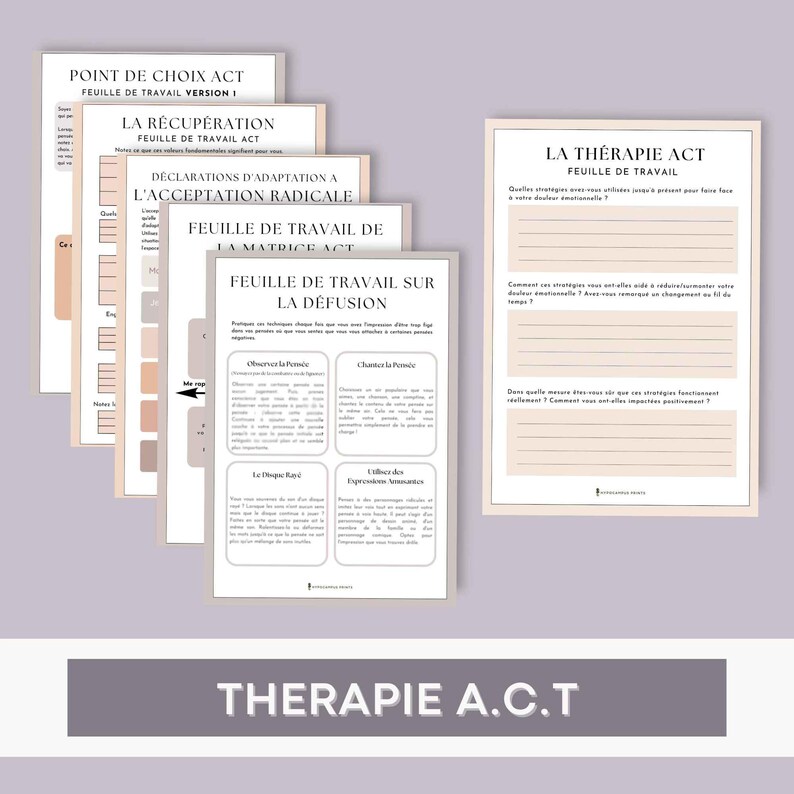 K&ouml;nnte beinhalten: Ein Satz Arbeitsbl&auml;tter f&uuml;r Akzeptanz- und Commitment-Therapie (ACT) auf Franz&ouml;sisch. Die Arbeitsbl&auml;tter sind betitelt mit "Point de Choix Act", "La R&eacute;cup&eacute;ration", "D&eacute;clarations d'Adaptation &agrave; l'Acceptation Radicale", "Feuille de Travail de la Matrice Act", "Feuille de Travail sur la D&eacute;fusion" und "La Th&eacute;rapie Act".