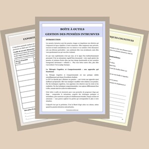 May include: Three printed worksheets with text in French, titled "Bo&icirc;te &agrave; Outils Gestion des Pens&eacute;es Intrusives" and "Exposition". The worksheets are on a light beige background with a gray border. The text is in black.