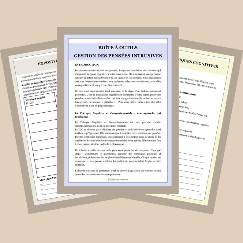 May include: Three printed worksheets with text in French, titled "Bo&icirc;te &agrave; Outils Gestion des Pens&eacute;es Intrusives" and "Exposition". The worksheets are on a light beige background with a gray border. The text is in black.