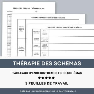 May include: A black and white printable worksheet for therapy, titled "Feuille de Travail Thérapeutique" and "Thérapie des Schémas". The worksheet is divided into sections for recording schemas, emotions, automatic thoughts, and adaptive thoughts. It includes the text "3 Feuilles de Travail" and "Créé par un professionnel de la santé mentale".